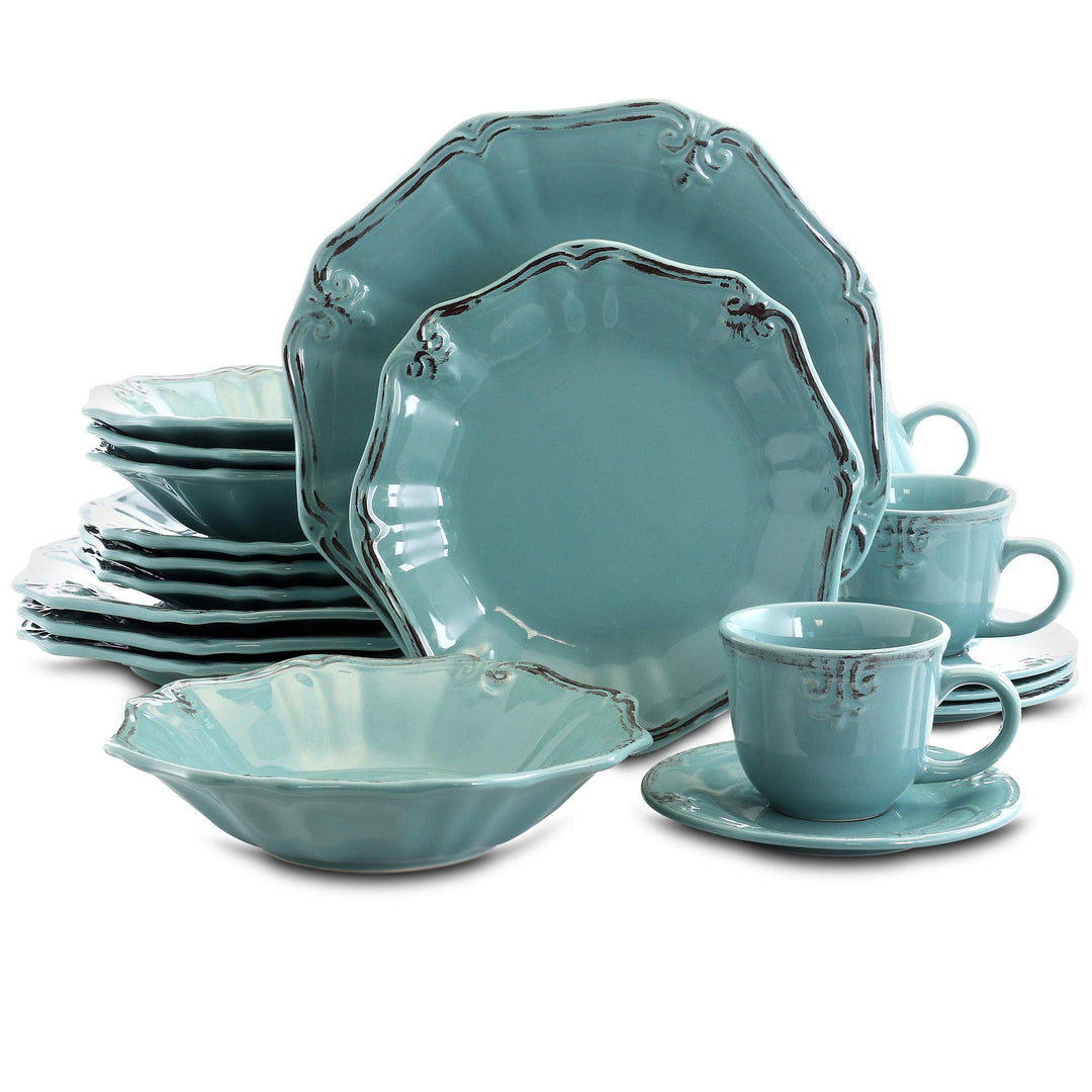 Beveled Edge 20 Piece Dinnerware Set In Turquoise Blue Textured Casual Round