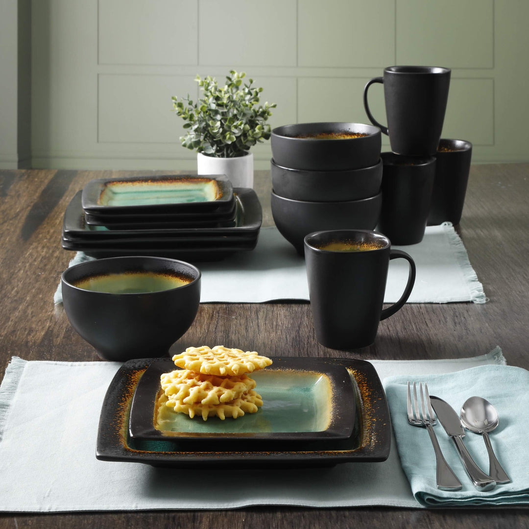 Gibson Elite Ocean Paradise Square Reactive Glaze Stoneware Dinnerware Set