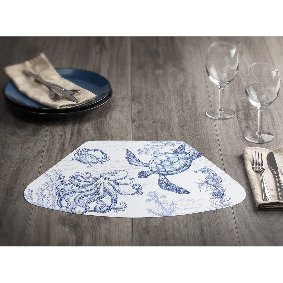 Reversible Wipe-Clean Wedge Shaped Placemats Set of 4 Coastal Sketch Multi Color