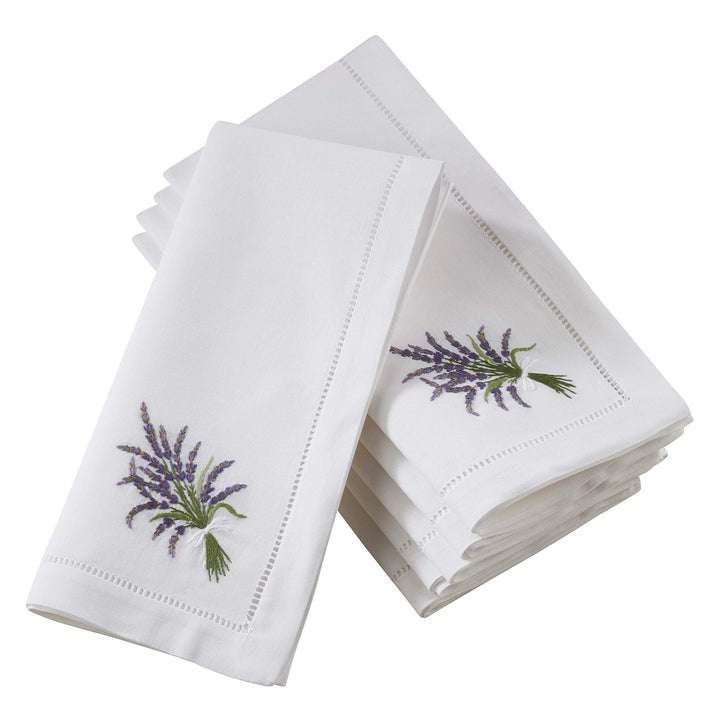 Table Napkins with Hemstitch Border and Lavender roidery (Set of 6) White