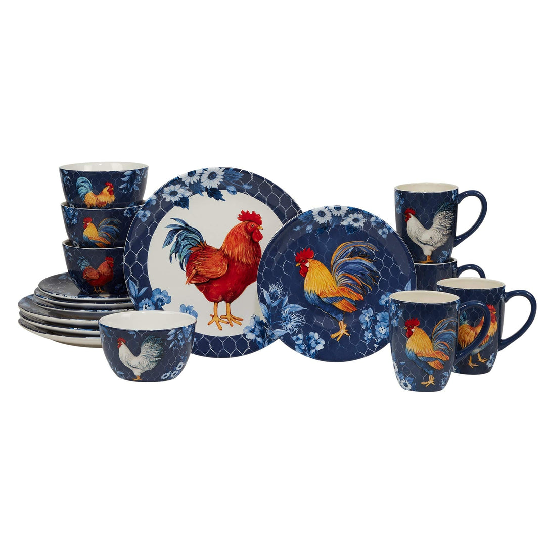 Indigo Rooster 16-Piece Dinnerware Set Service for 4 Blue Multi Color Red