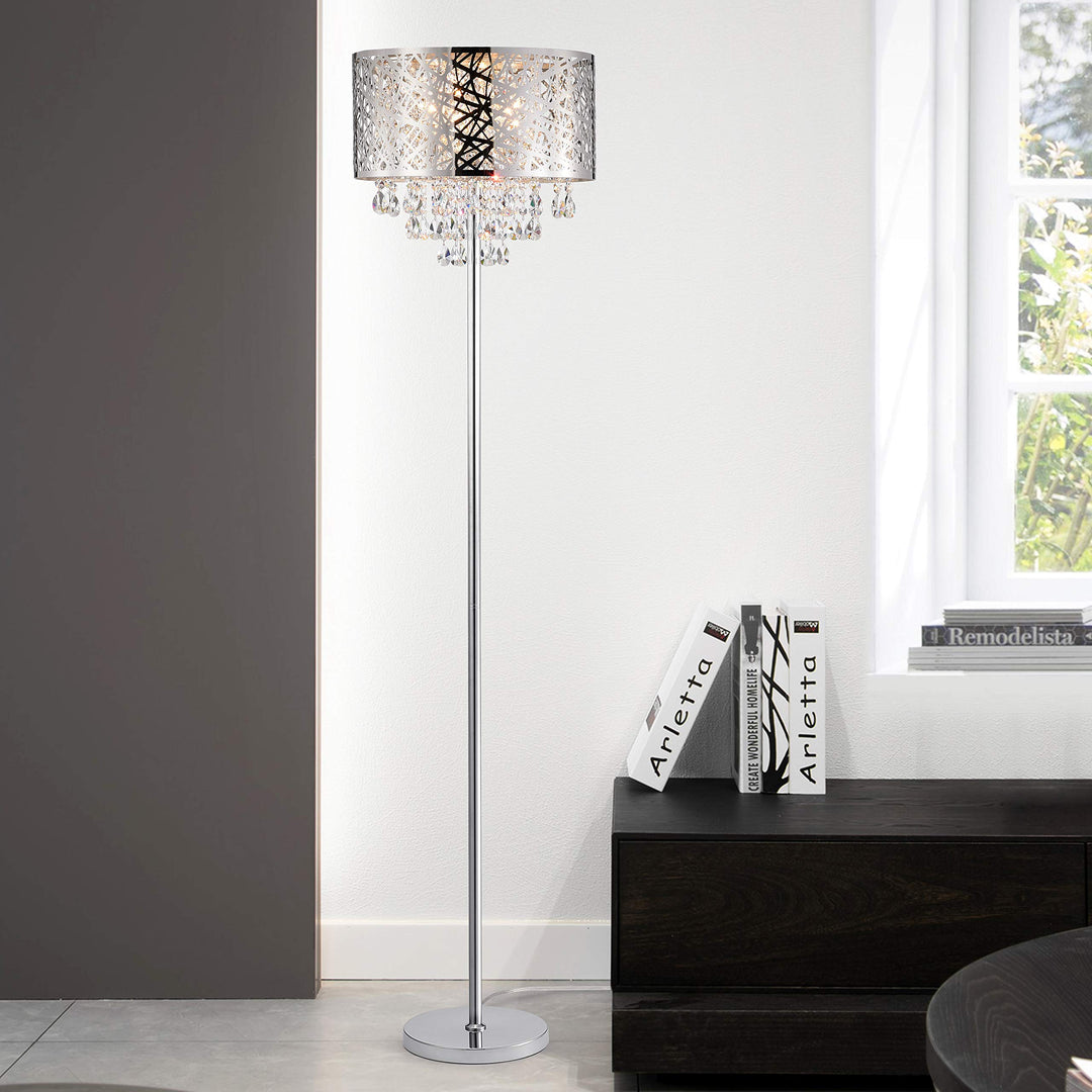 Warehouse of Tiffany FL7992 Ivica Chrome 3 Light Metal Crystal Floor Lamp Silver