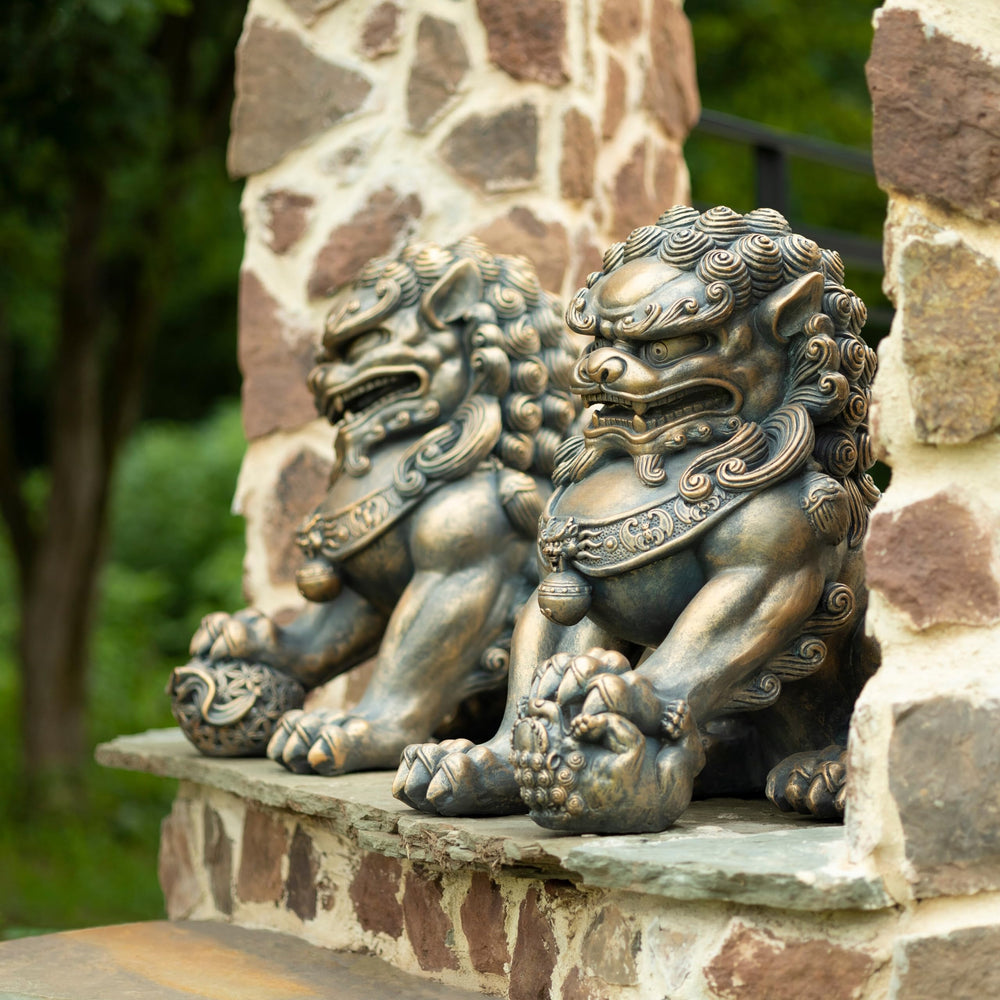 24.5" Tall Set of 2 Chinese Lions Guardian Statues Brown Oriental Magnesium - Diamond Home USA