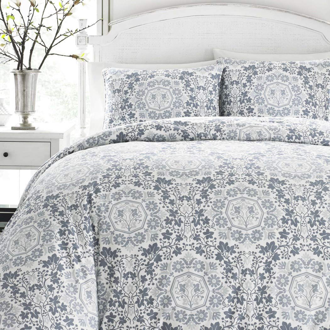 3 Piece Blue Grey Floral King Size Duvet Cover Set Beautiful Geometrical - Diamond Home USA