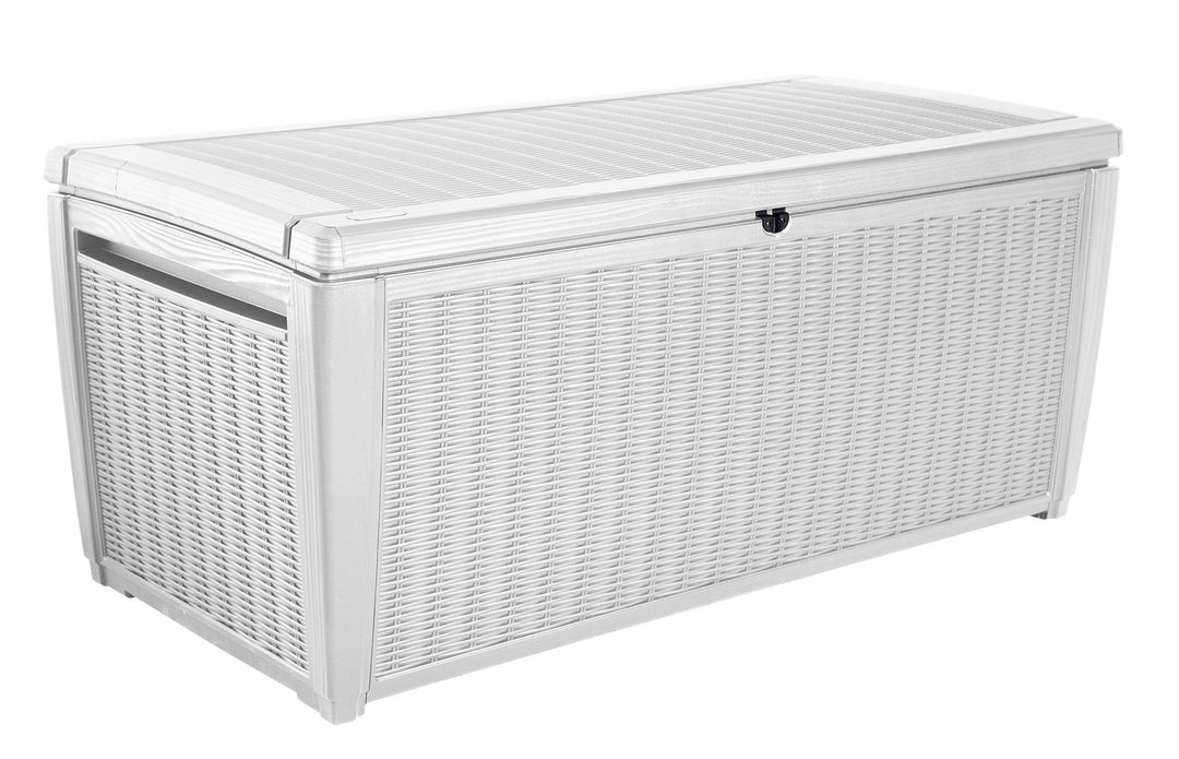 Keter Sumatra 135 Gallon Resin Rattan Look Outdoor Deck Box for Patio White