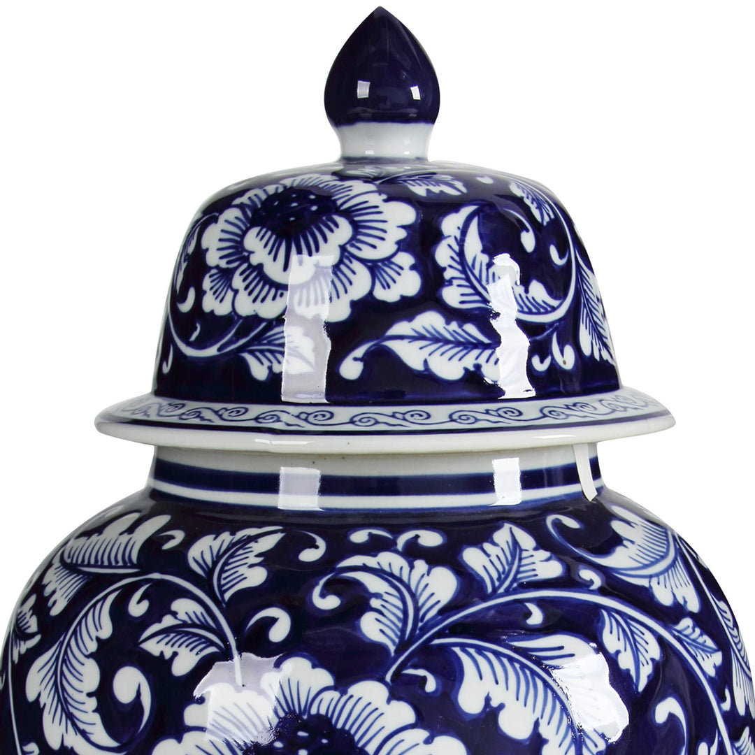 Benjara Floral Design Ginger Jar with Lid Blue and White