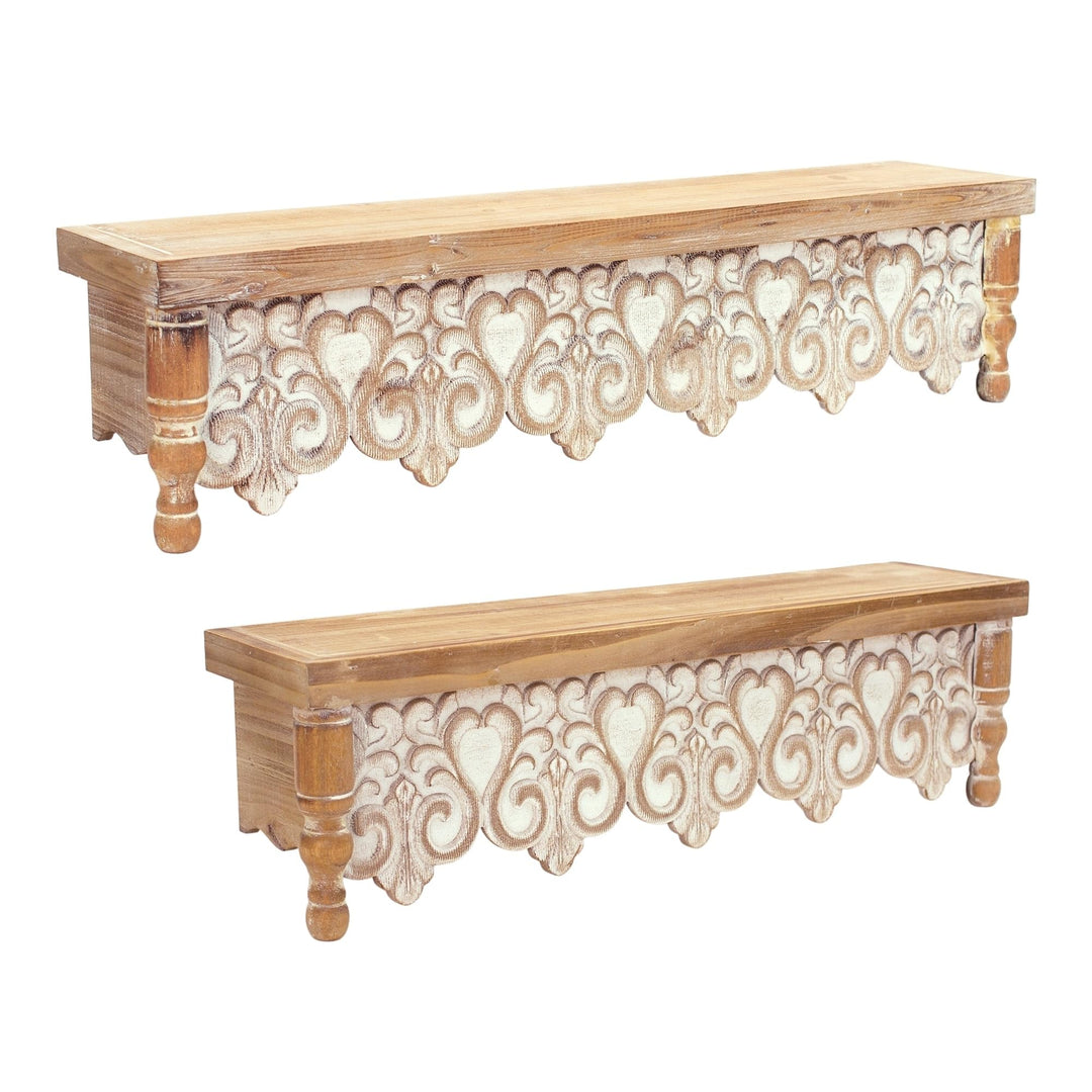 Wooden Floating Wall Shelf (Set of 2) Brown Wood Natural Finish