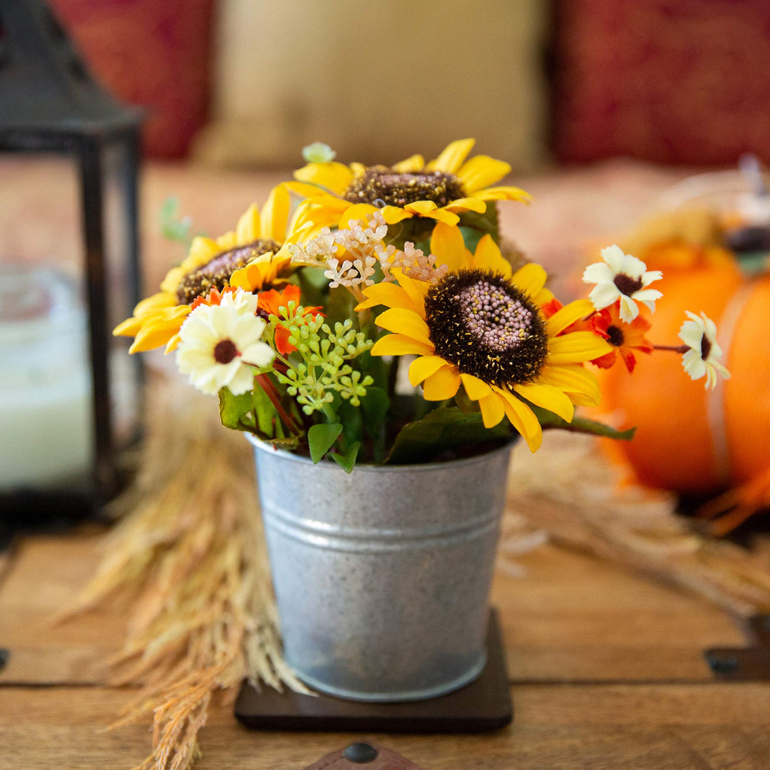 Flora Bunda Artificial Flowers 8" Tall Sunflowers Mix in TIN