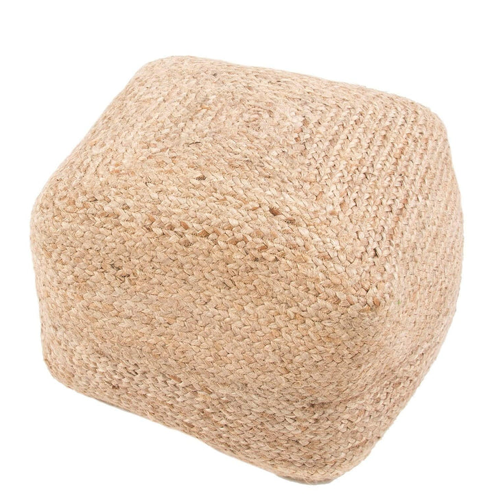 Modern Beige Cube Shape Jute Pouf Brown Solid Color Mid-Century Contemporary One