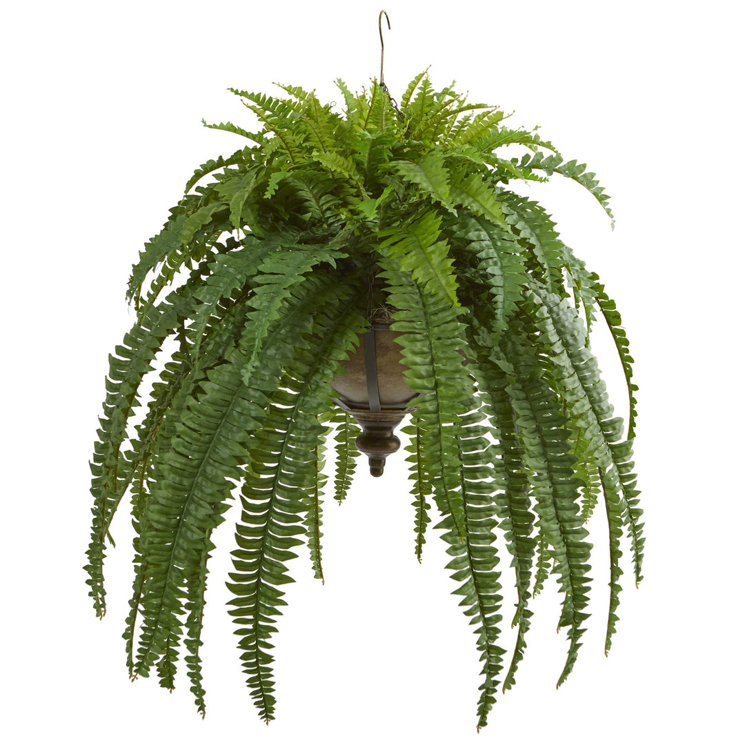 Nearly Natural 39in. Boston Fern Artificial Plant in Metal Hanging Bowl