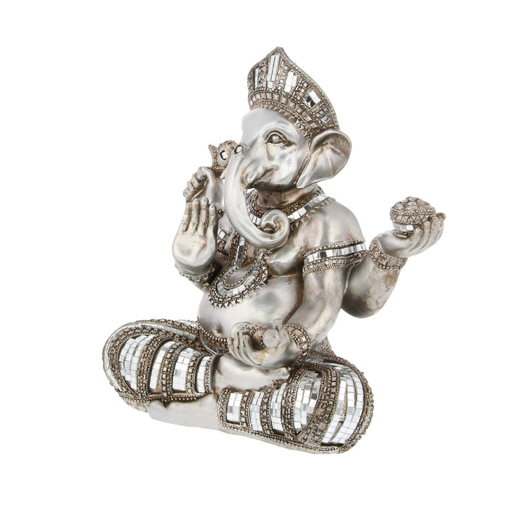 Silver Ganesha Shelf Statue Multi Color Bohemian Eclectic Acacia Brushed