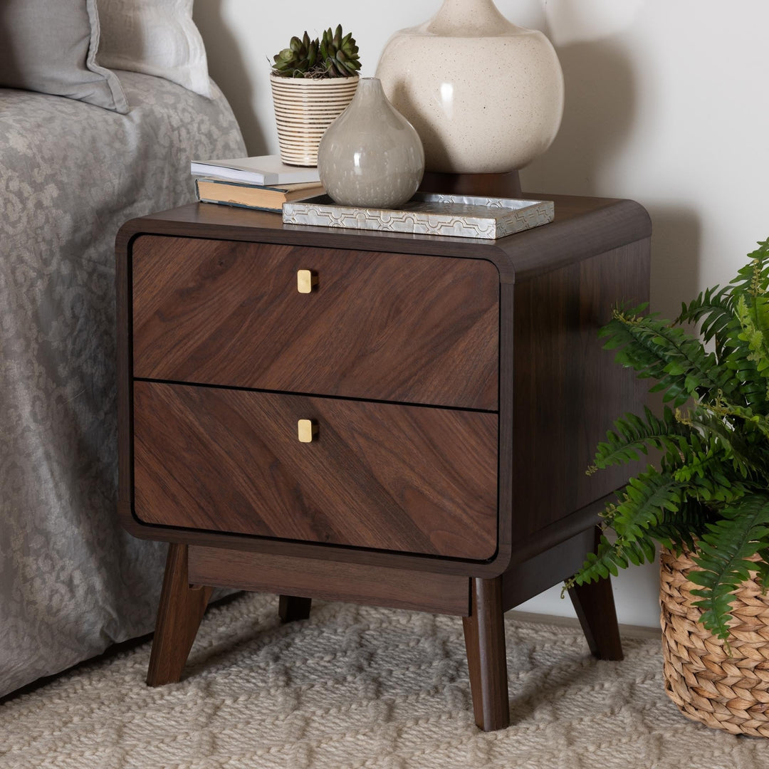 Mid-Century Transitional Walnut Brown Finished Wood 2-Drawer Nightstand Bohemian