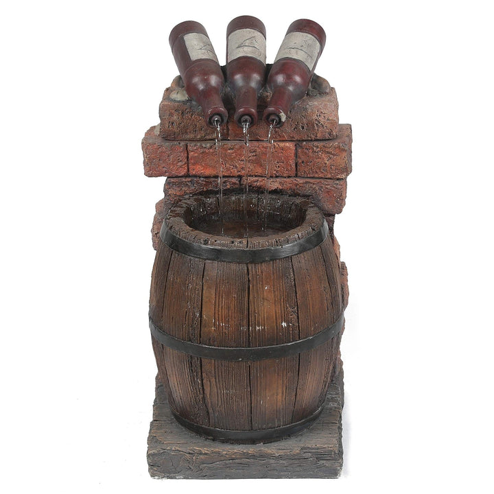 Resin Wine Bottle and Barrel Outdoor Fountain with Led Lights Brown Red Rustic