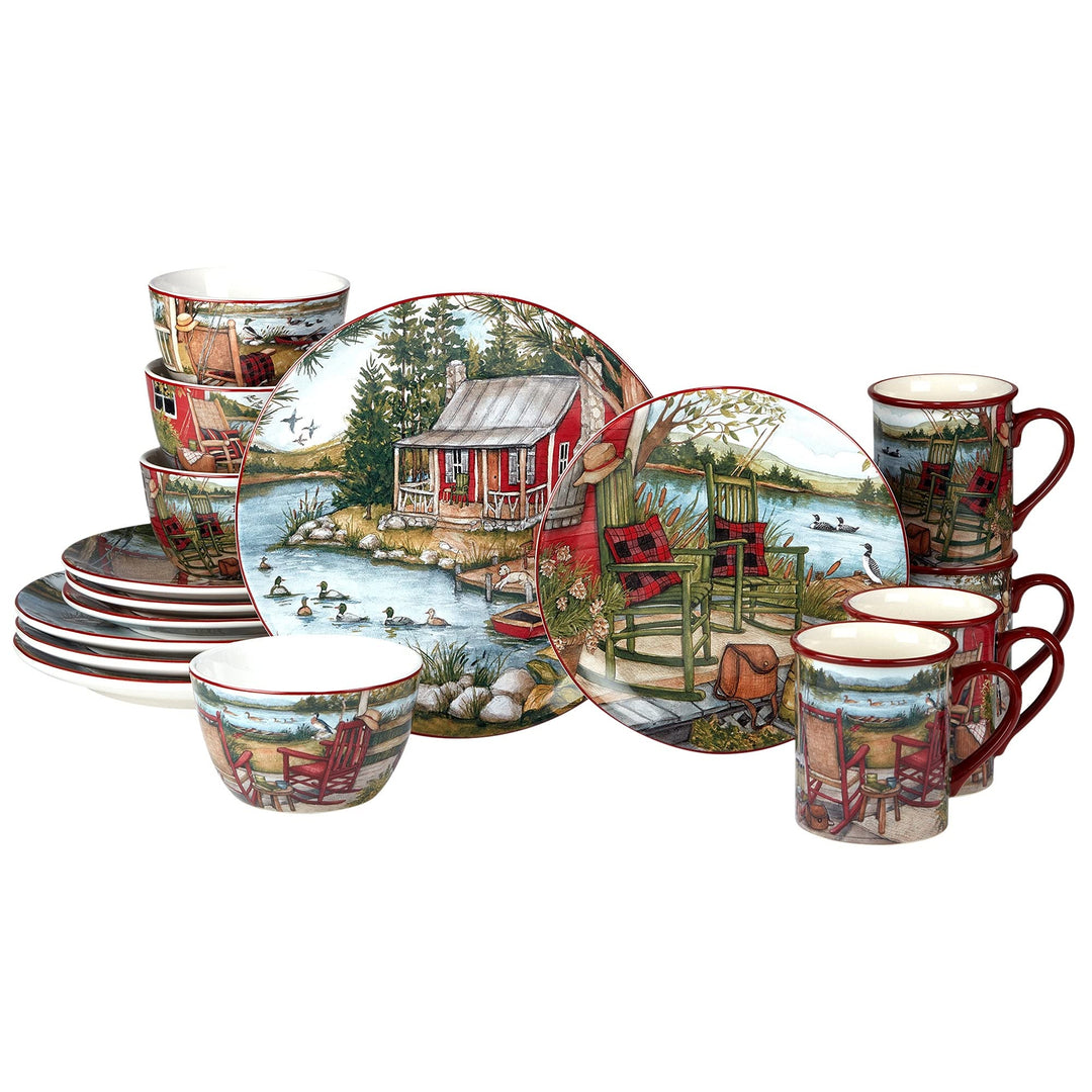 Lake Retreat 16 Pc Dinnerware Set Service for 4 Green Multi Color Red Animal