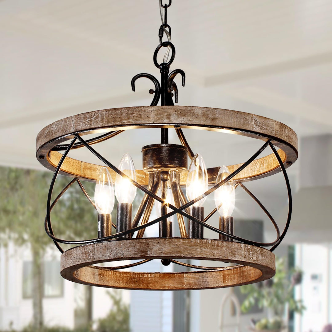 Bella Depot 5-Light Rustic Cage Wood Chandelier Dimmable Lighting Adjustable 15.7"x15.7" - Distressed Wood