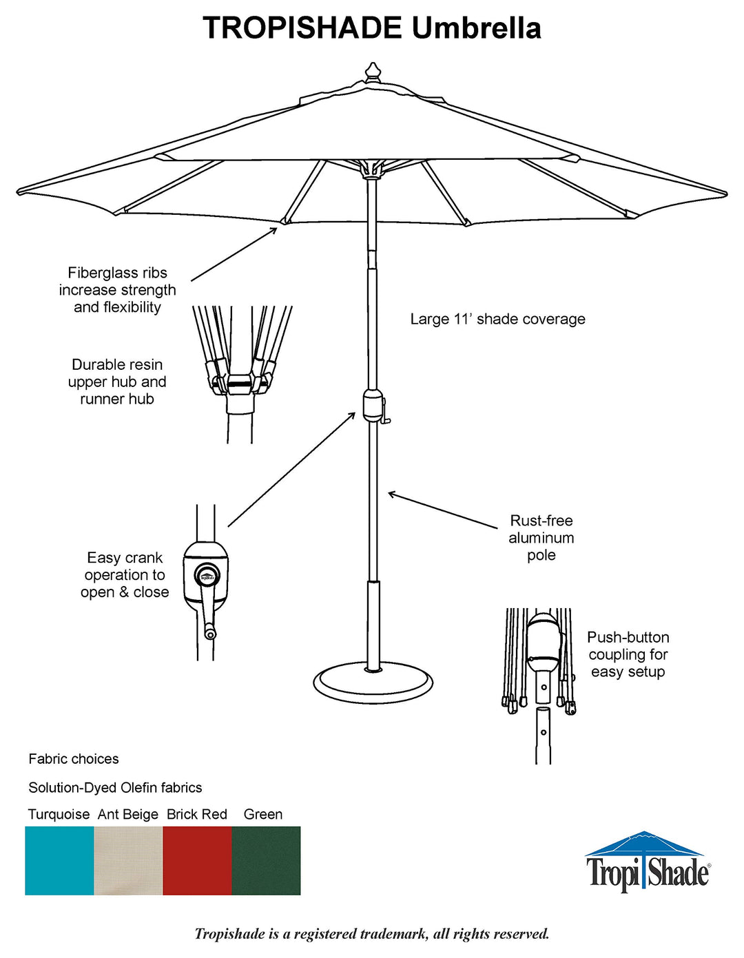 Tropishade 11' Umbrella with Premium Red Brick Olefin Cover (Base not Included)