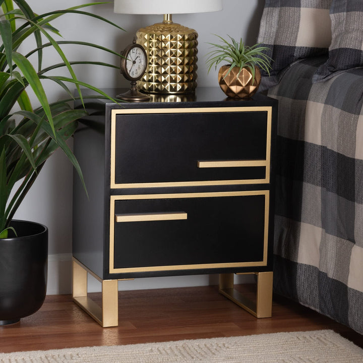 Contemporary Glam and Black Finished Wood Gold Metal 2-Drawer Nightstand MDF