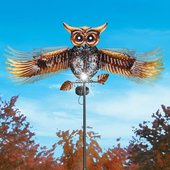 Solar Powered Metal Flying Owl Garden Stake 26.25 X 47.63 4.5 Black