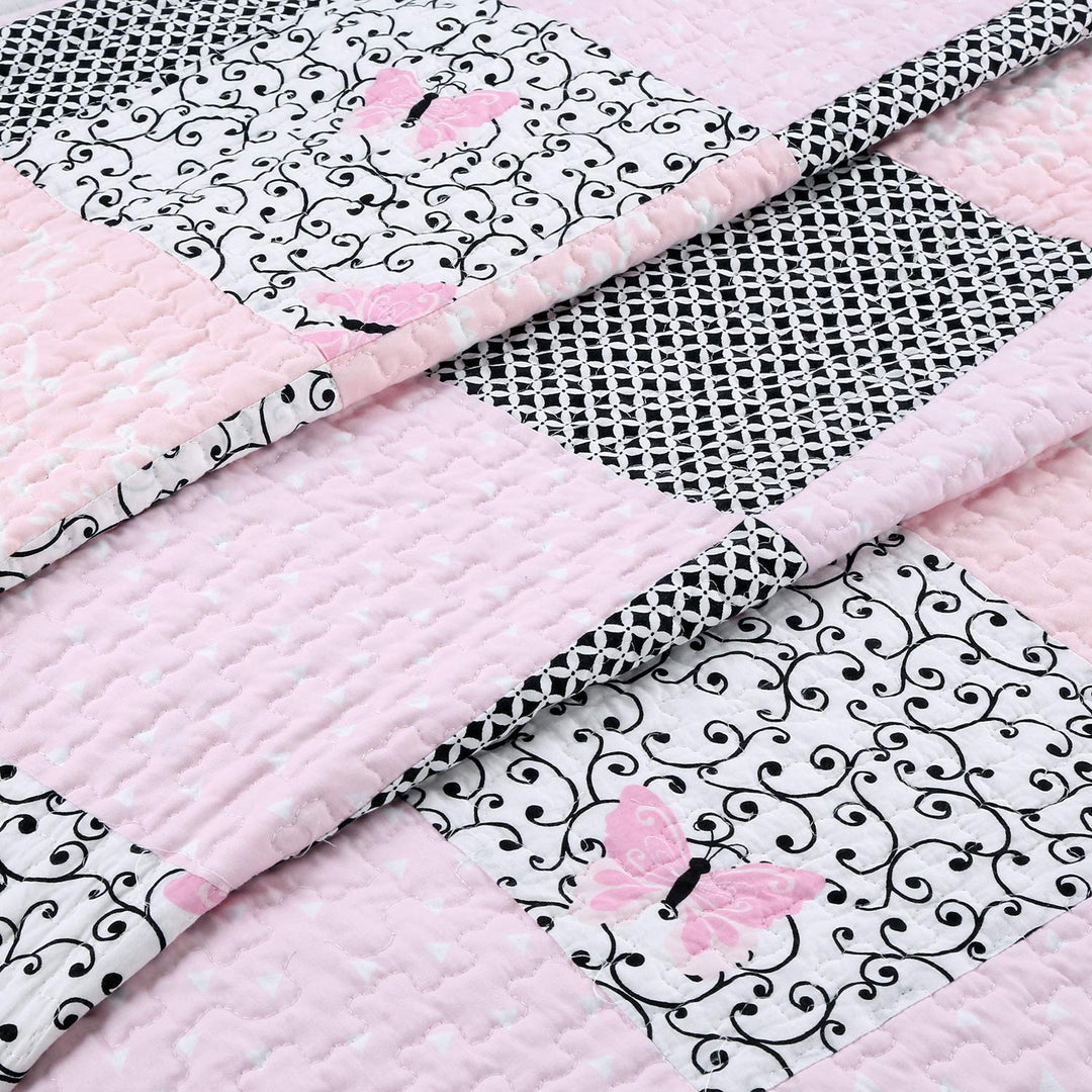 Finely Stitched Princess Pink Girls Farmhouse Patchwork Cotton Quilt Set - White King