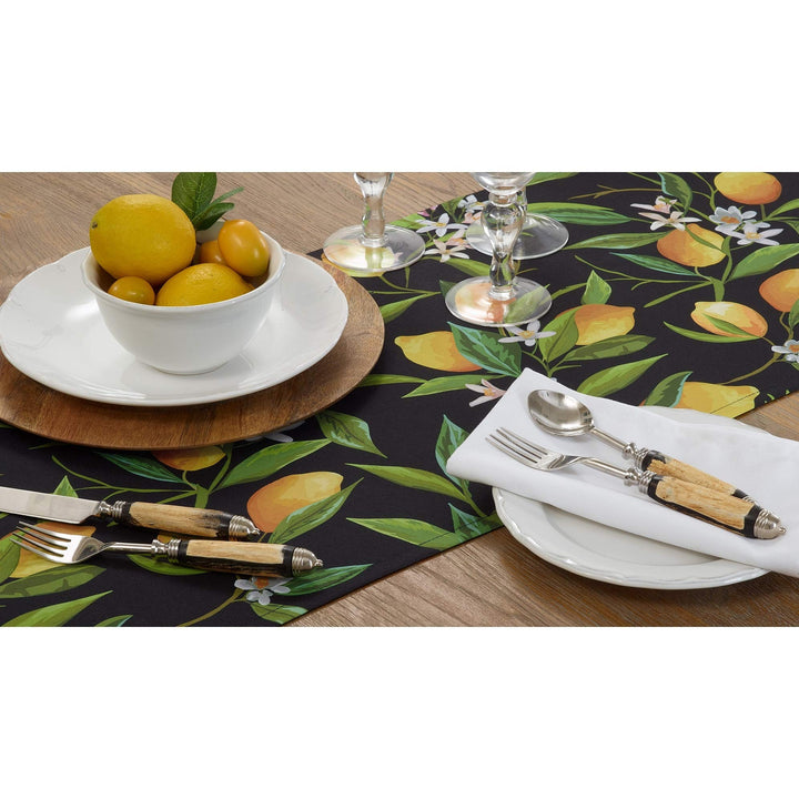 Outdoor Table Runner with Lemon Design Black Polyester