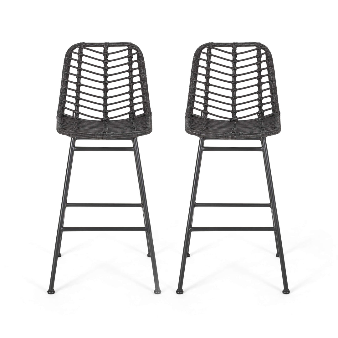 GDFStudio Outdoor Wicker Barstools (Set of 2) Gray and Black Gray+Black