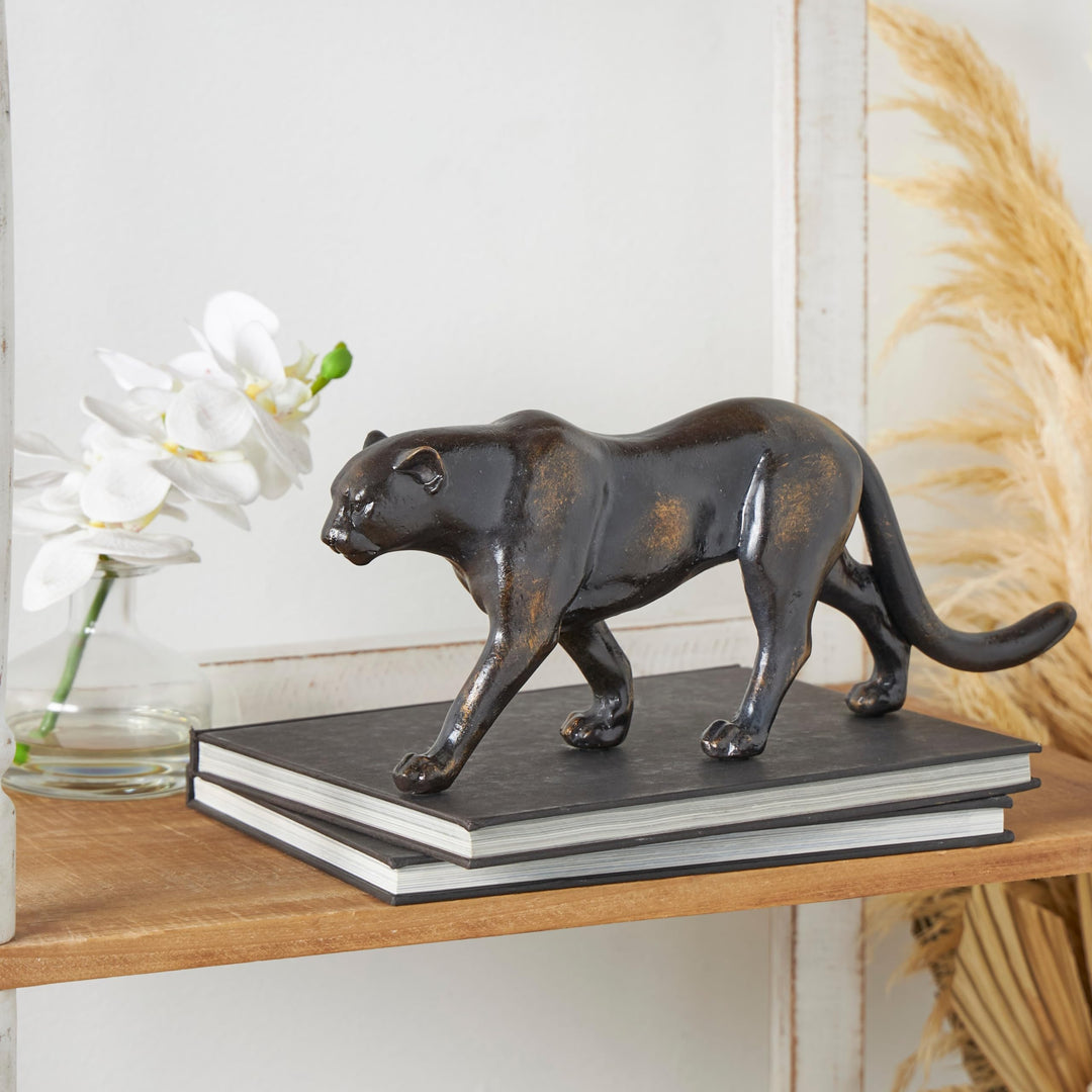 Black Polystone Leopard Sculpture with Gold Accents Stone