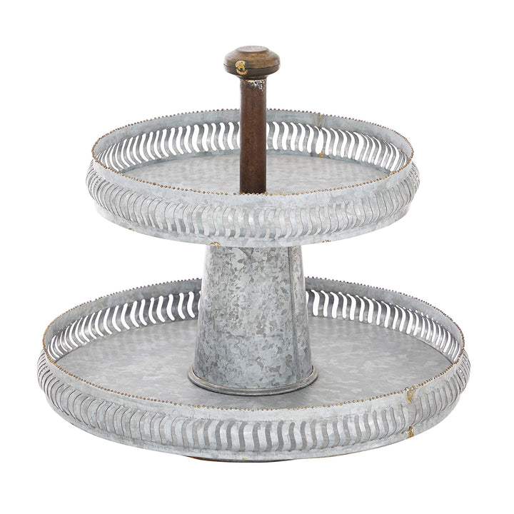 Round Silver Galvanized Metal 2 Tier Tray Stand 16 inch X 15 inch 16 X 15round