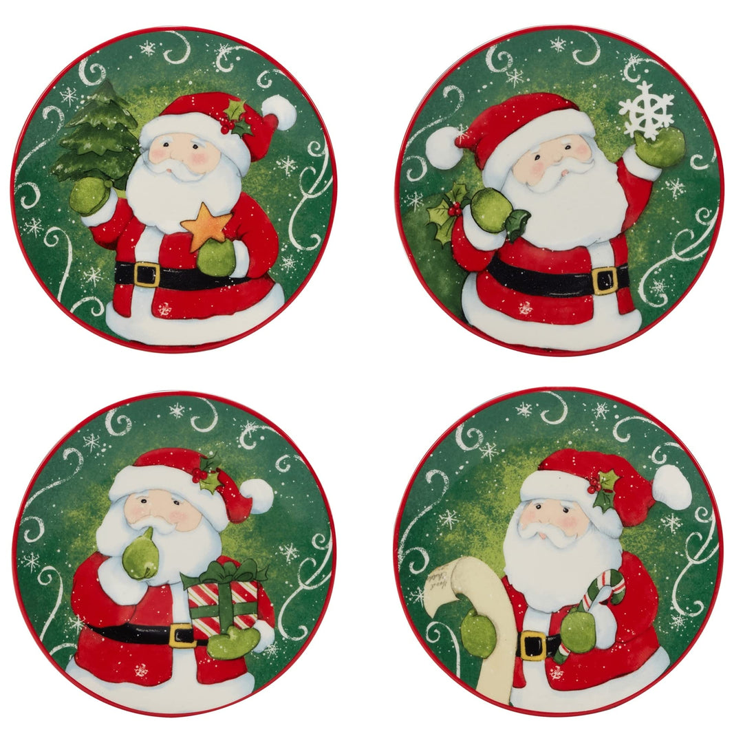 Holiday Magic Santa 6" Canape/luncheon/snack Plates Set Of 4 Green Multi Color