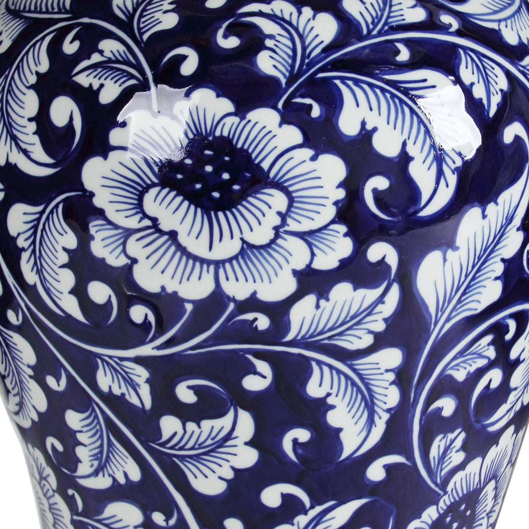 Benjara Floral Design Ginger Jar with Lid Blue and White