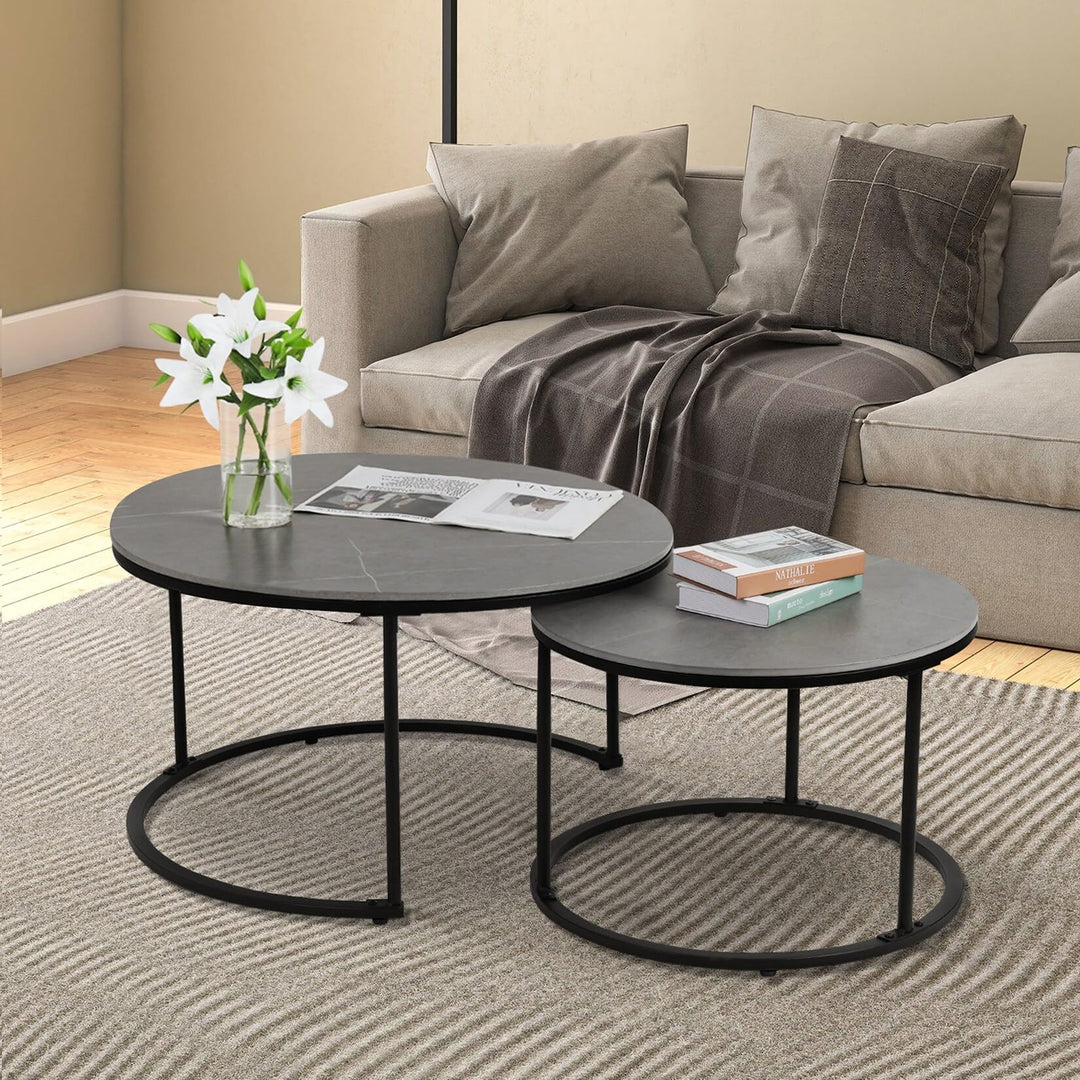 Round Black Grey Nesting Coffee Table (Set of 2) Industrial Modern