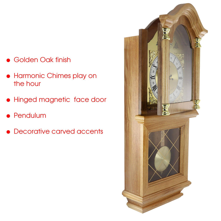 Classic 26" Wall Clock with Pendulum Brown Rectangular Wood Finish