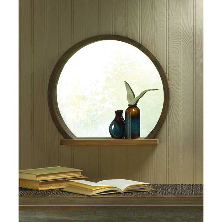 Round Wooden Mirror with Shelf 17.75x2.75x16 Brown