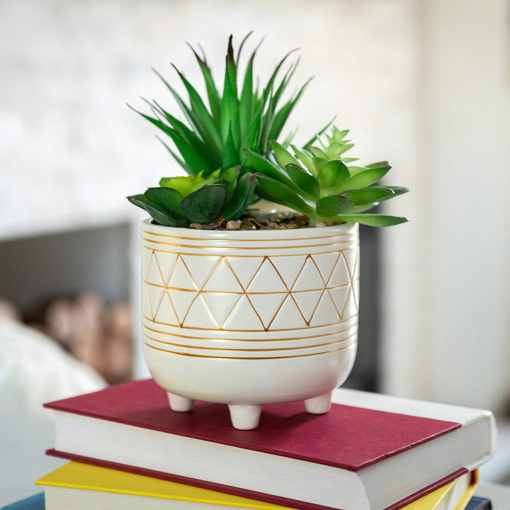 Flora Bunda Mid Century Set of 2 Handpainted Geometric Ceramic Planter 6 Inch