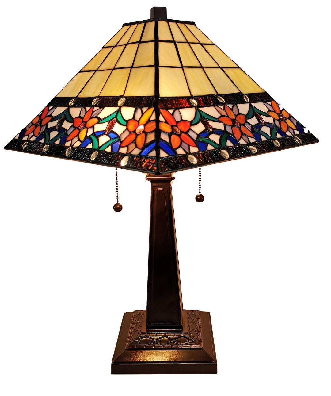 Tiffany Style Table Lamp Banker Mission 23" Tall Stained Glass Blue White Tan