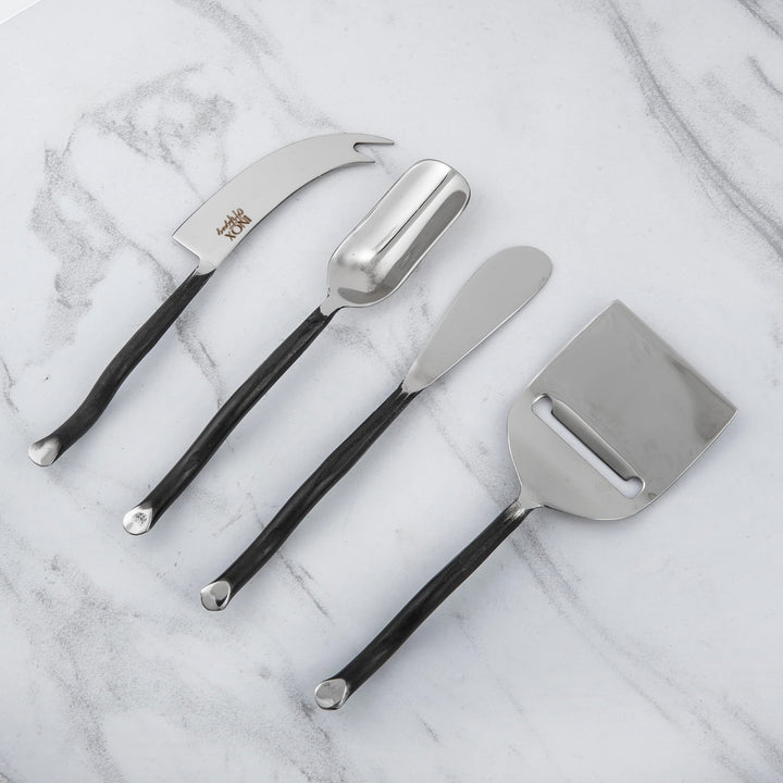 Twig Design Burnt Black Cheese Tools 4 Pcs. Set Stainless Steel Piece Handmade