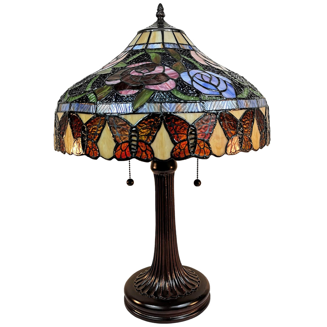 Tiffany Style Table Lamp Banker 23" Tall Stained Glass Red Green Tan Floral