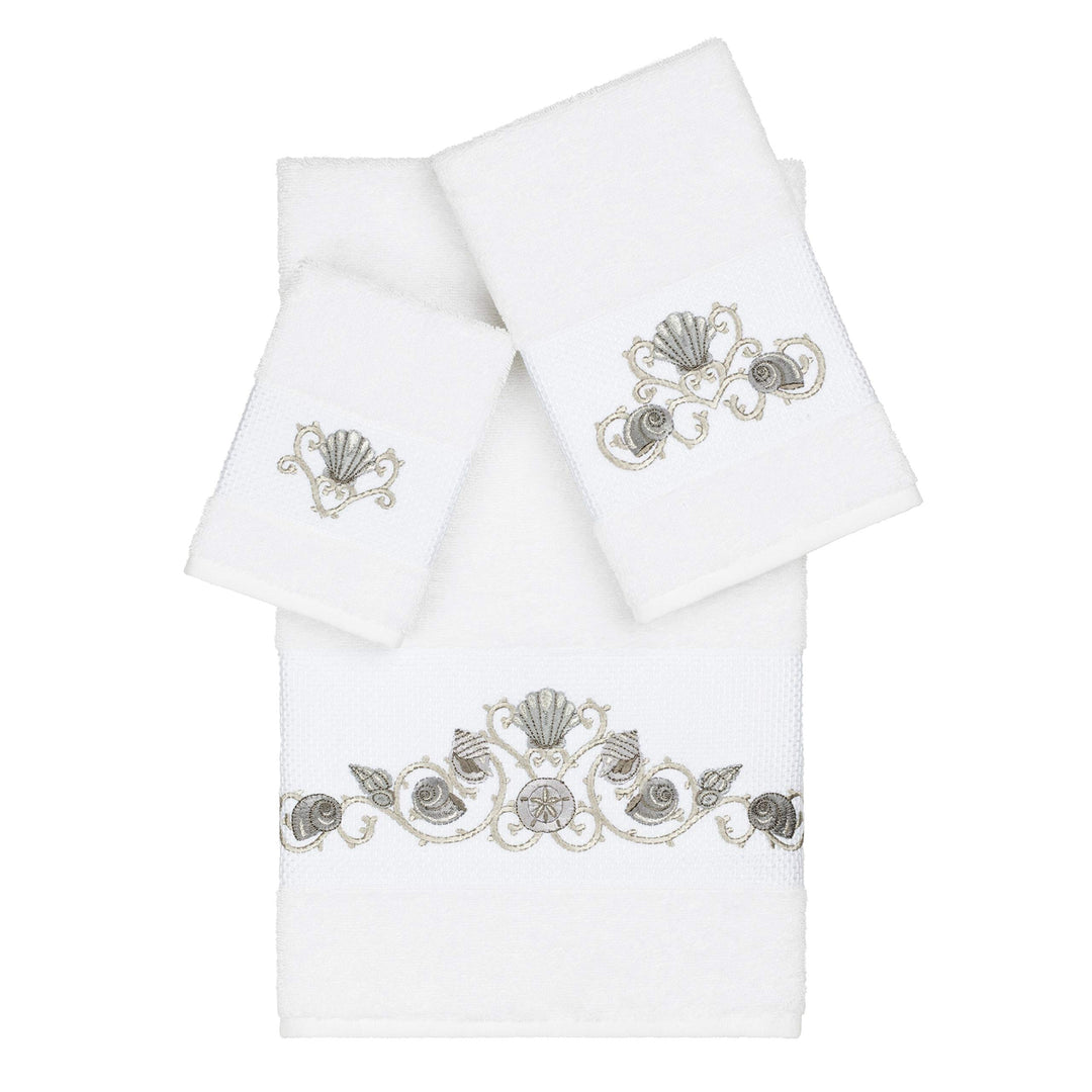 Turkish Cotton Shells Embroidered White 3-Piece Towel Set Novelty Terry Cloth