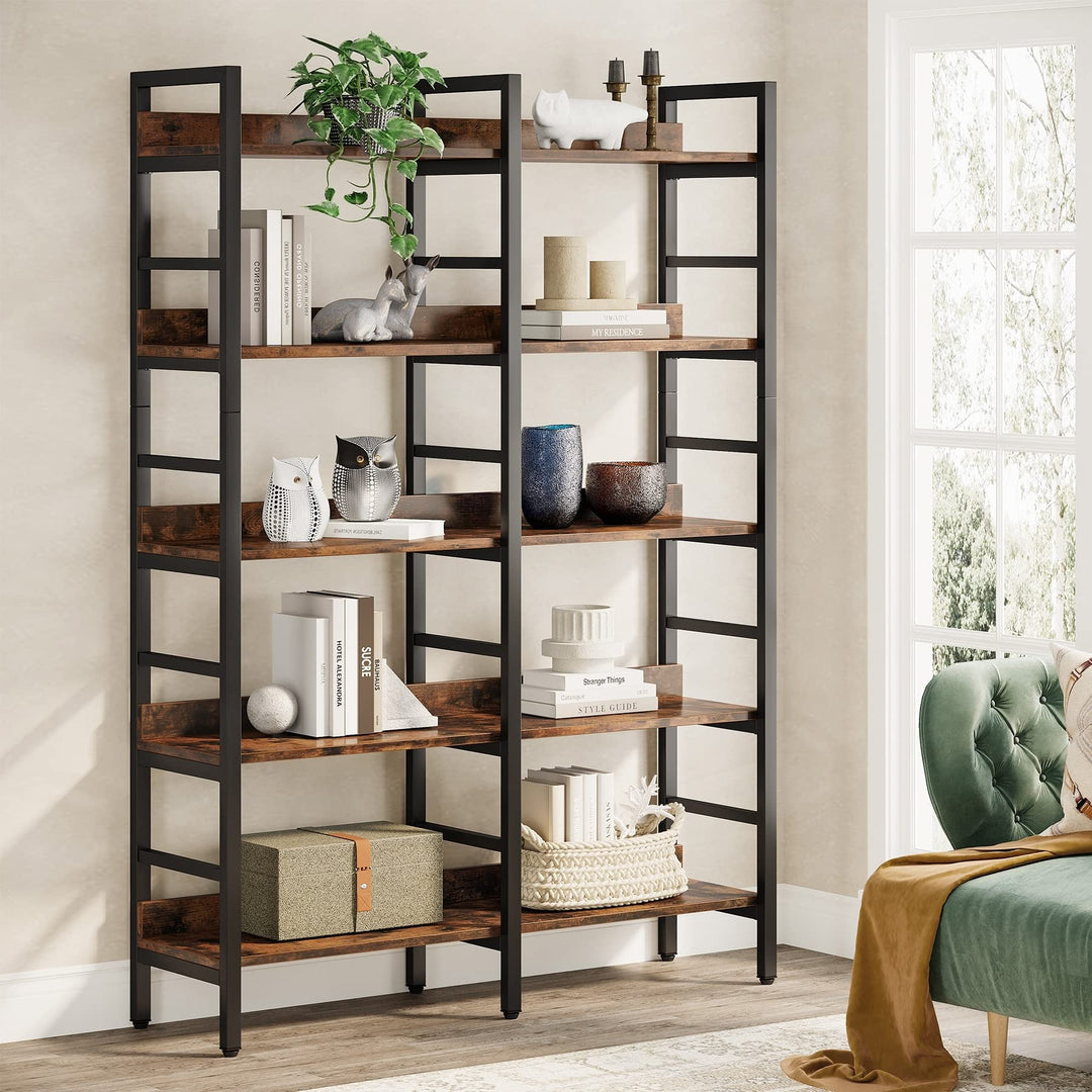 Double Wide Bookshelf 5-Tier Industrial Bookcase Free Standing Tall Book Shelf