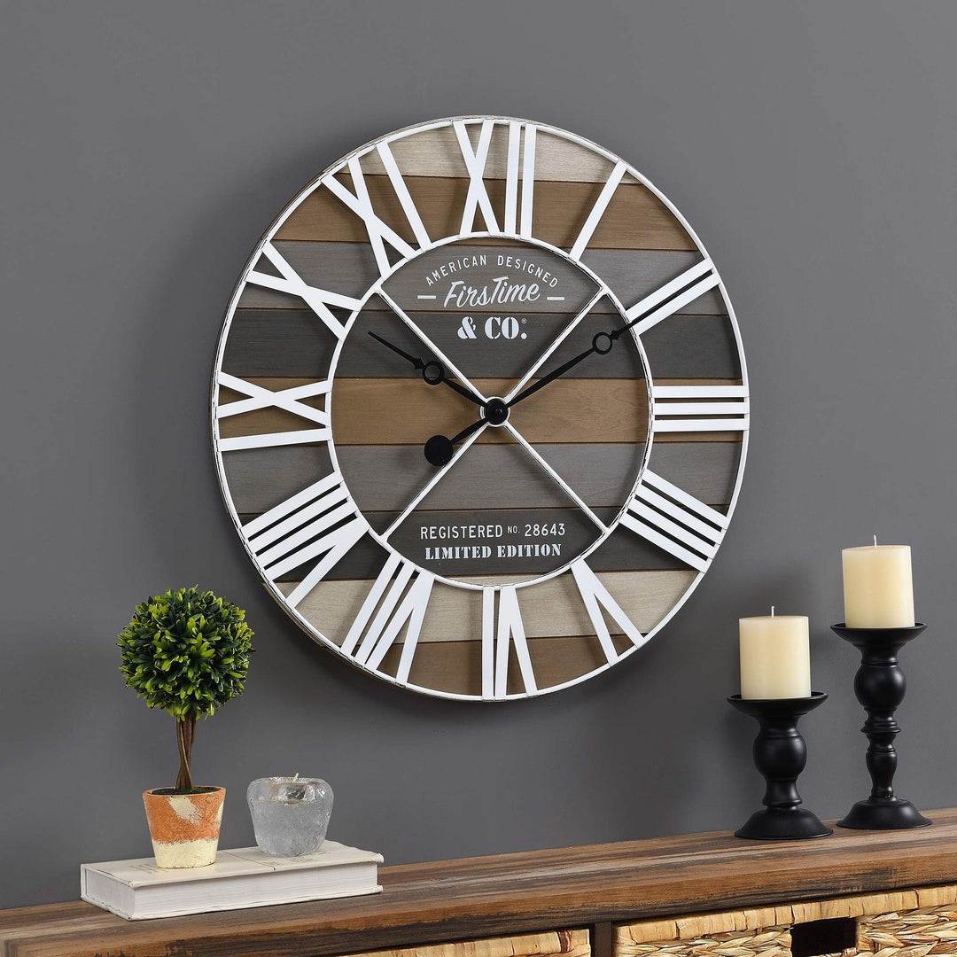 Gray Maritime Farmhouse Planks Clock American Crafted Wood 24 X 2 in Grey Round