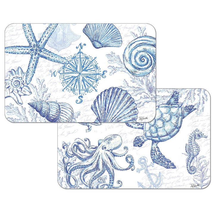 Reversible Wipe-Clean acemats Set of 4 Coastal Sketch Multi Color Rectangle