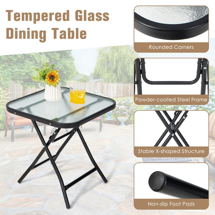 Patio Folding Square Glass Side Table Bistro Coffee Plant Stand Black Steel