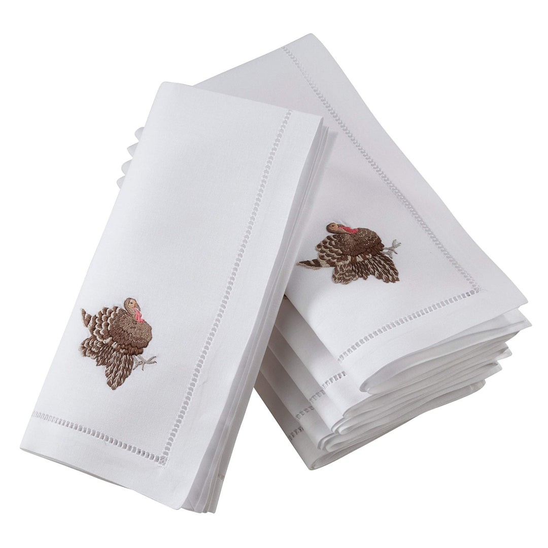 Cotton Table Napkins with Embroidered Turkey Design (Set of 6) White Solid