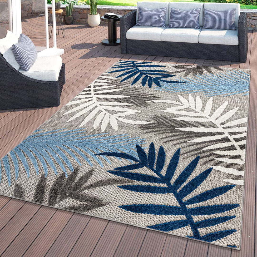 Rugshop Evora Palm Frond Non-Shedding Patio Deck Backyard Indoor/Outdoor Area Blue - 5'x7'