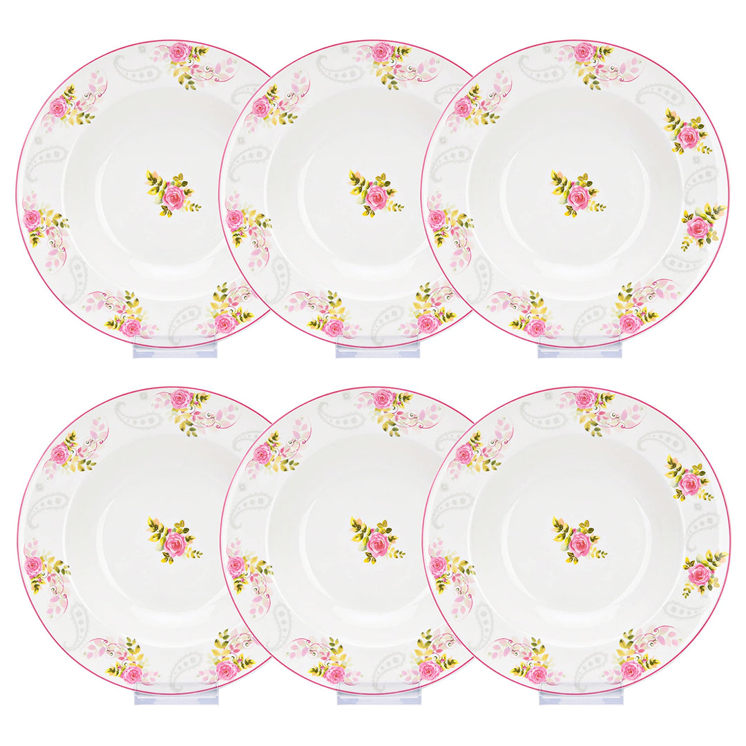 Rose Garden Bone China Soup Plate Set Of 6 8.5" Pink Floral Country Round