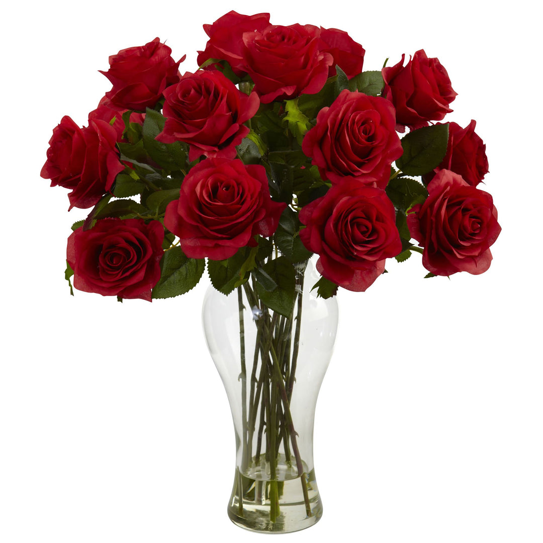 Nearly Natural Blooming Roses with Vase 18" x 13" Blooming Roses w/Vase - Red