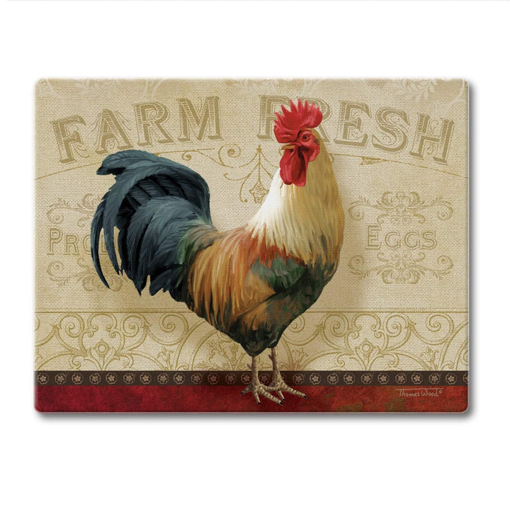 Glass Cutting Board Counter Saver 10" X 8" Farm Fresh Rooster Multi Color