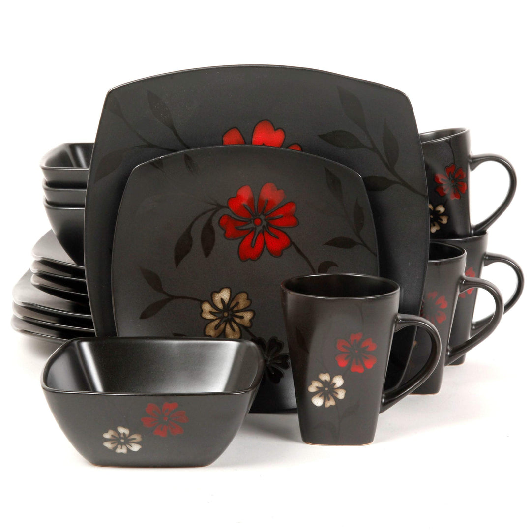 Evening Blossom 16-Piece Dinnerware Set Black Red Floral Casual Ceramic 16 Piece