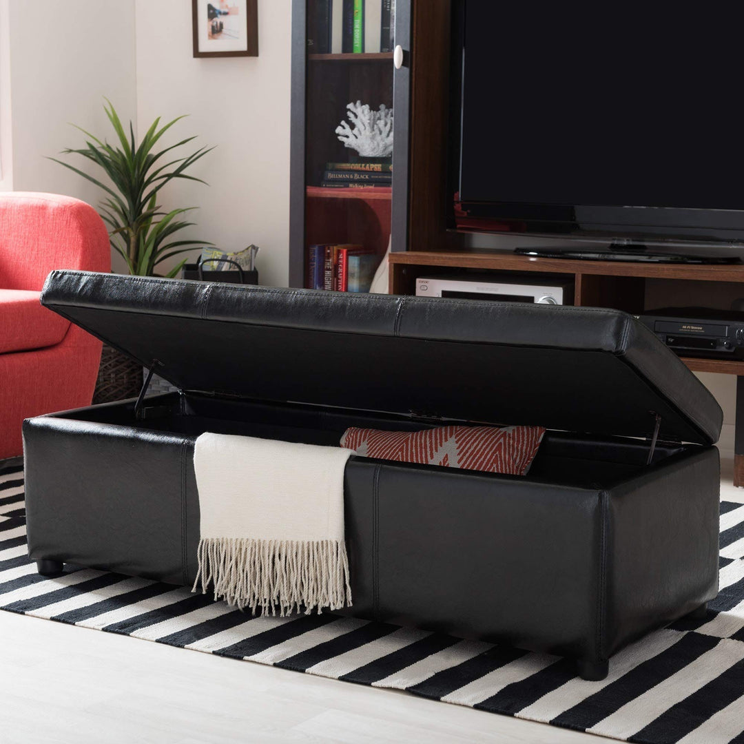 Black Bonded Leather Storage Bench Ottoman Modern Contemporary Solid Rectangle