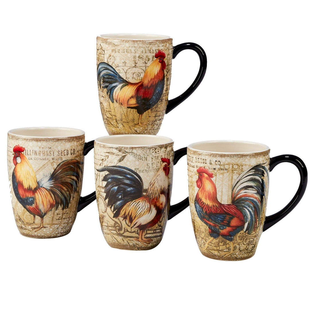 4 Piece Brown Ivory Rooster Themed Mug Set Farm Animal Cups Vintage Birds Unique