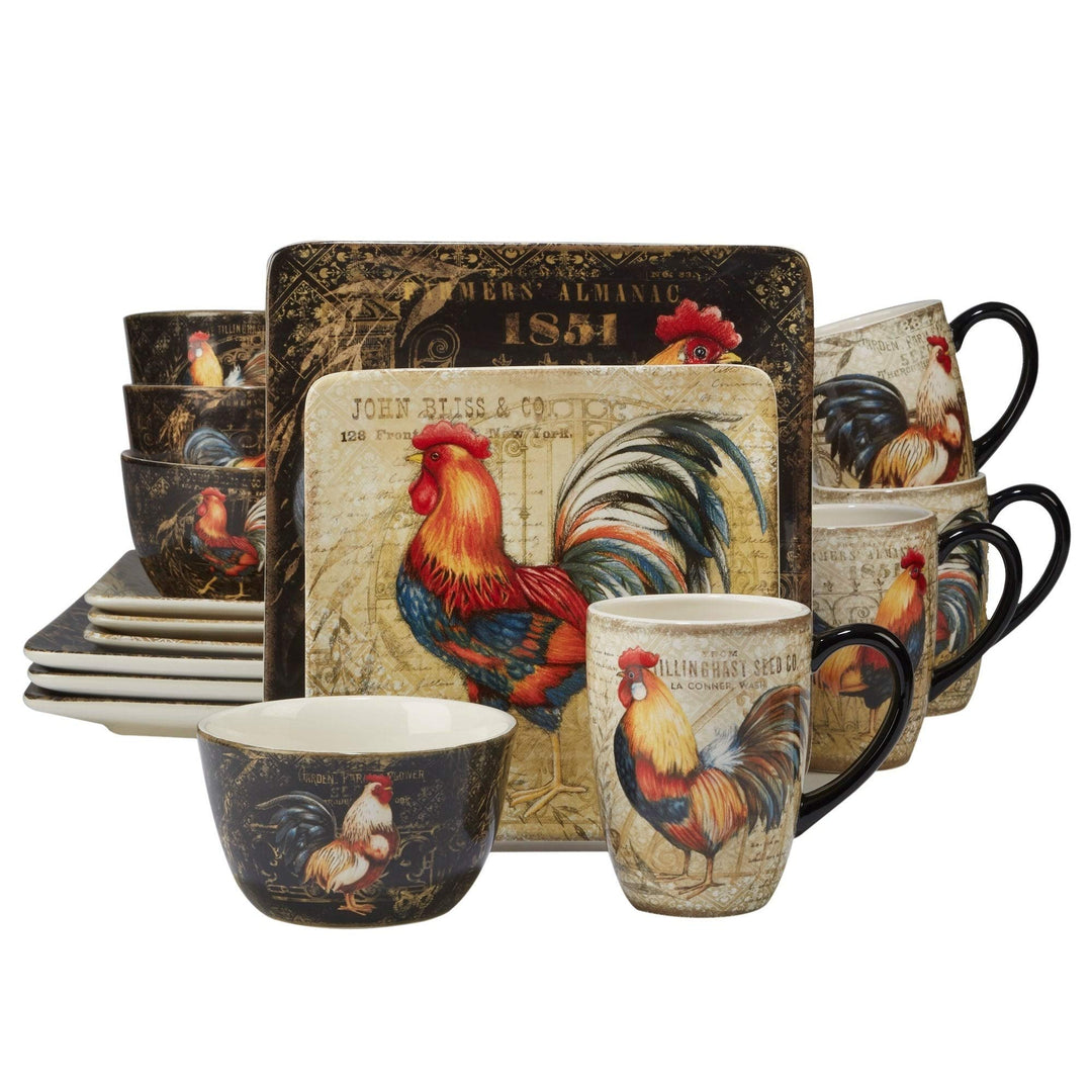 Gilded Rooster 16-Piece Dinnerware Set Black Blue Red Ceramic 16 Piece